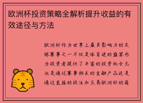 欧洲杯投资策略全解析提升收益的有效途径与方法