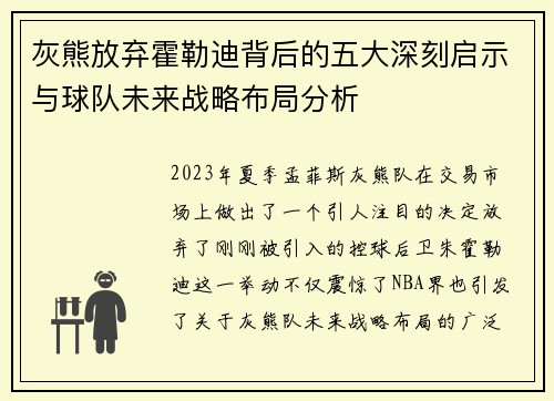 灰熊放弃霍勒迪背后的五大深刻启示与球队未来战略布局分析 灰熊放弃霍勒迪背后的五大深刻启示与球队未来战略布局分析